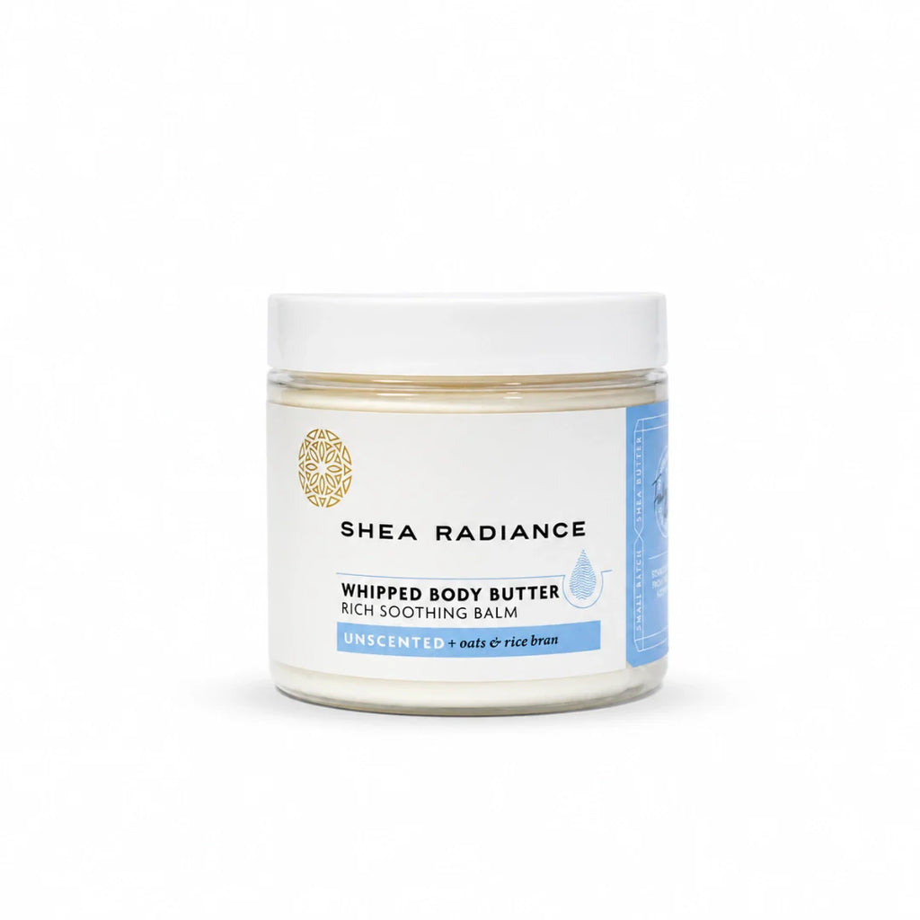 Shea Radiance Unscented Whipped Shea Body Butter with colloidal oatmeal for dry, sensitive and eczema-prone skin, rich soothing moisturizing balm.