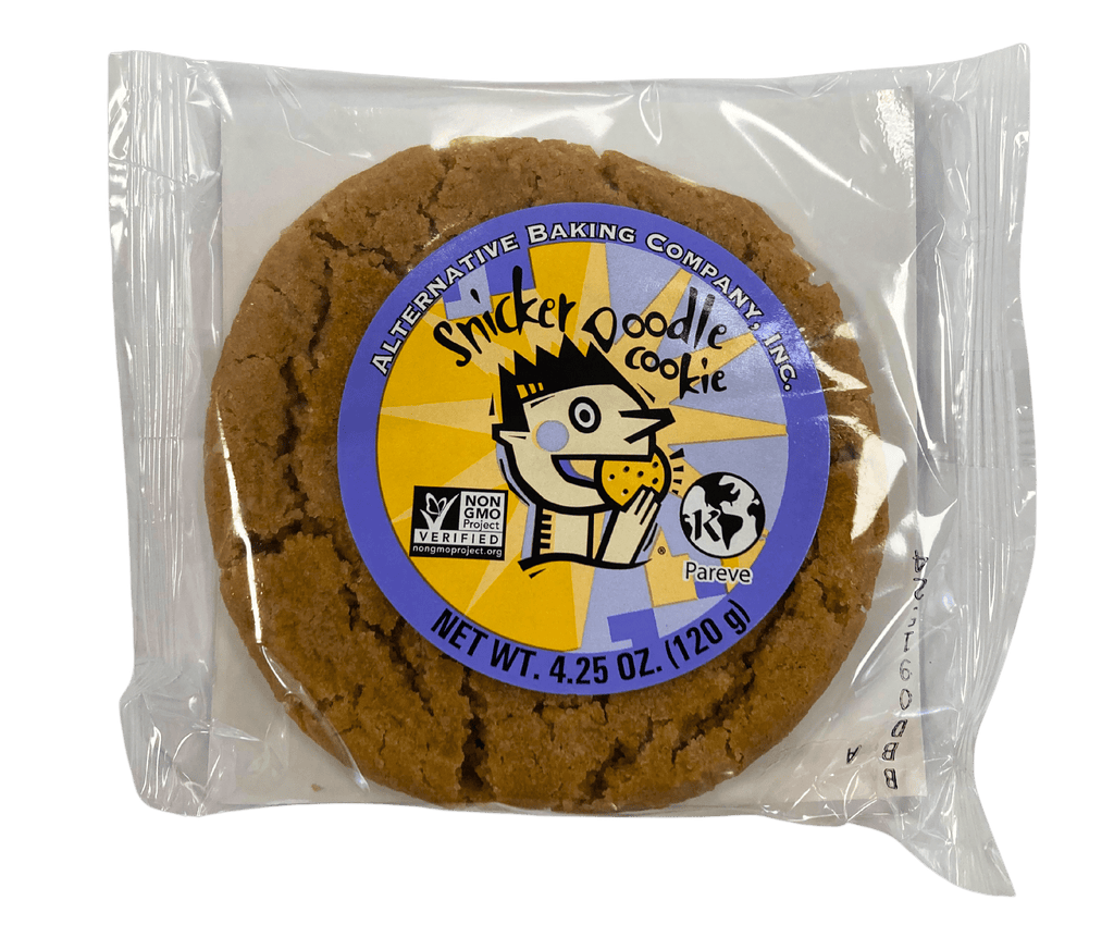 Alternative Baking Company Snickerdoodle vegan cookie in clear wrapper with branded label on a white background.