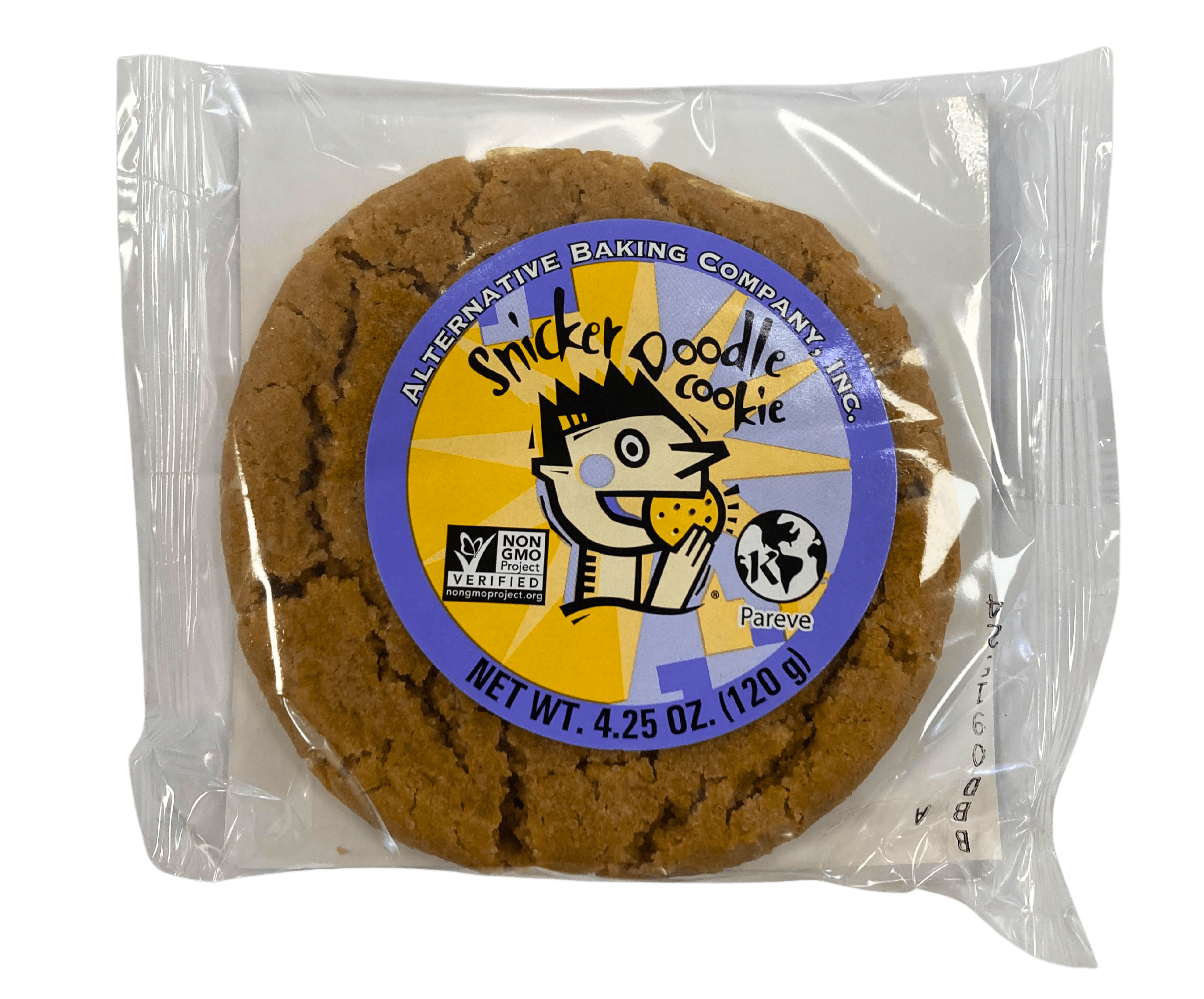 Alternative Baking Company Snickerdoodle vegan cookie in clear wrapper with branded label on a white background.