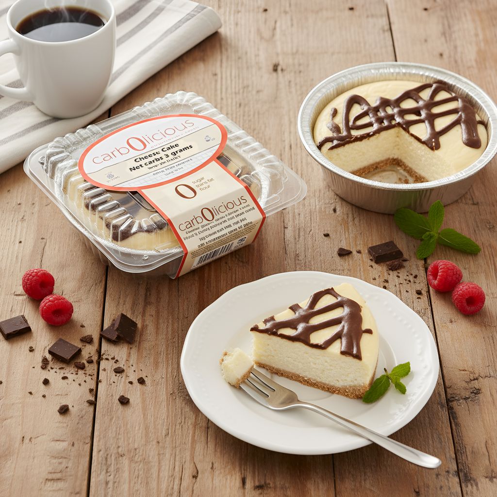 aLow-carb, sugar-free keto cheesecake dessert with rich chocolate drizzle served on a plate beside a full cheesecake and retail package. Creamy New York-style cheesecake made for ketogenic and low-carb lifestyles, displayed with fresh raspberries, mint, chocolate pieces, and a cup of coffee on a rustic wooden table. Gluten-free, kosher-friendly gourmet dessert ideal for keto snacks, diabetic-conscious eating, and sugar-free indulgence.