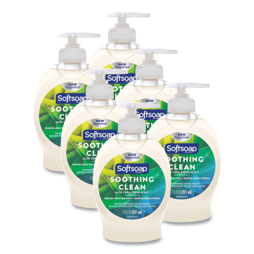 Multiple bottles of Softsoap Soothing Clean hand soap on a white background. Softsoap Moisturizing Hand Soap, Aloe Scent, 7.5 oz, 6/Carton (45634)