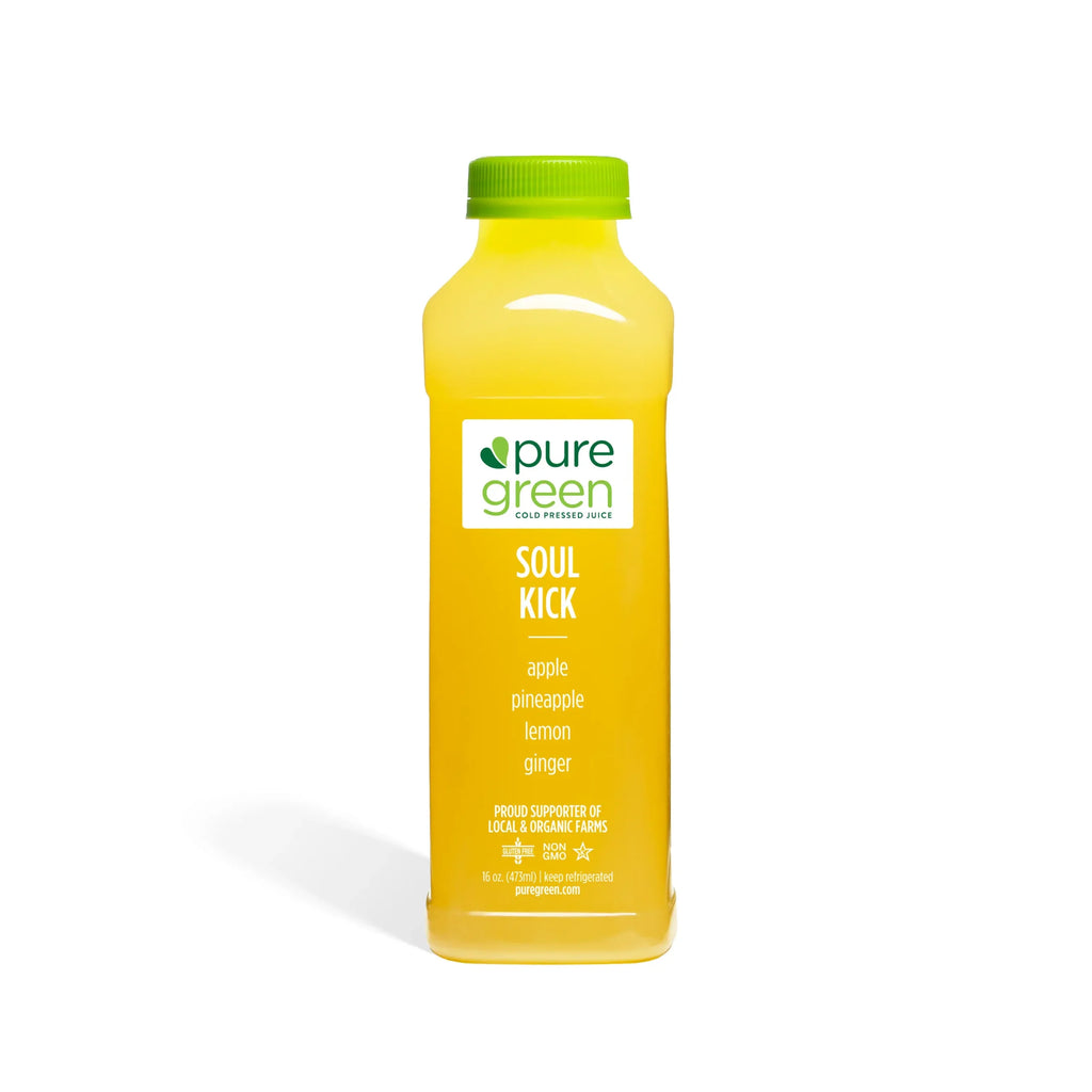 Yellow bottle of 'pure green' juice with a green cap on a white background. Cold-Pressed NON-GMO Juice Drink with Apple, Pineapple, Lemon and Ginger, No Added Sugar, Gluten-Free.