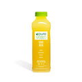 Yellow bottle of 'pure green' juice with a green cap on a white background. Cold-Pressed NON-GMO Juice Drink with Apple, Pineapple, Lemon and Ginger, No Added Sugar, Gluten-Free.