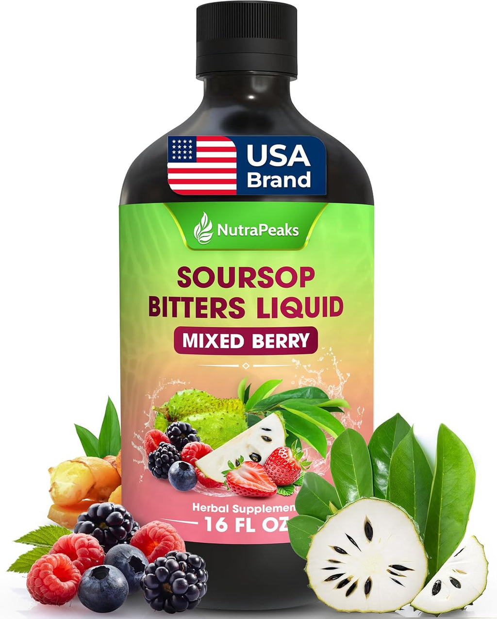 NutraPeaks Soursop Bitters Liquid Mixed Berry herbal dietary supplement in a 16 fl oz bottle surrounded by soursop fruit, blackberries, blueberries, raspberries, ginger root, and fresh green leaves. USA Brand soursop bitters liquid extract.