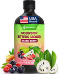 NutraPeaks Soursop Bitters Liquid Mixed Berry herbal dietary supplement in a 16 fl oz bottle surrounded by soursop fruit, blackberries, blueberries, raspberries, ginger root, and fresh green leaves. USA Brand soursop bitters liquid extract.
