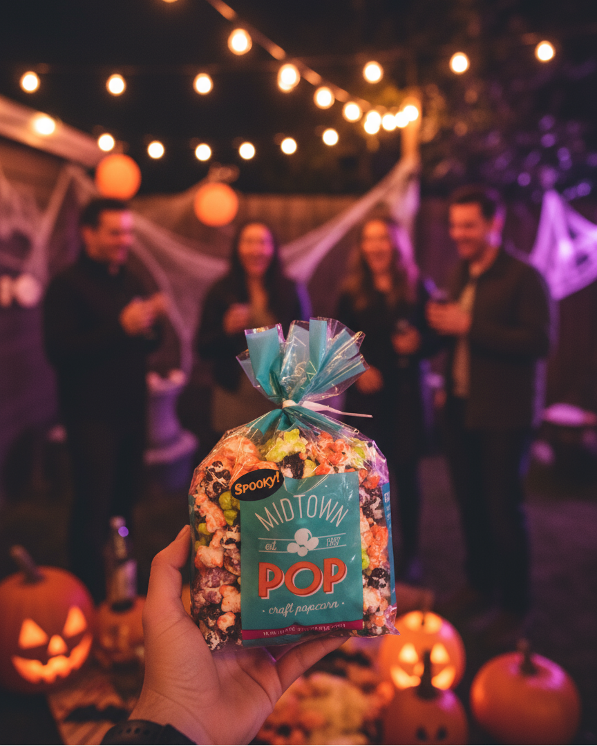 Bag of Midtown Pop candy held in front of a Halloween-themed background with people and lights.