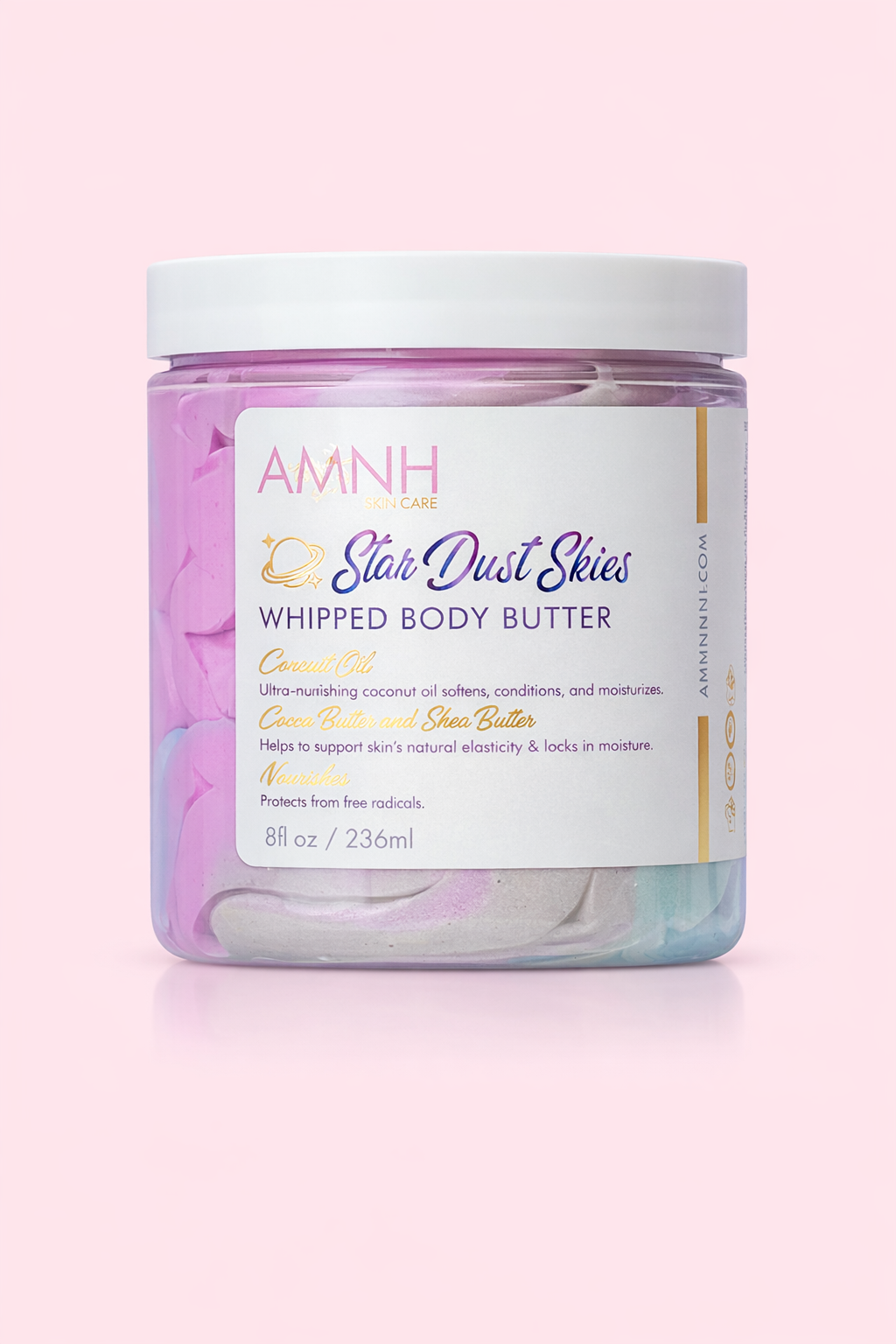 Star Dust Skies Whipped Body Butter with natural ingredients for deep hydration and soft, nourished skin. Clean beauty, cruelty-free, vegan, paraben-free, and gluten-free body butter in recyclable packaging from a female-owned brand. Ideal daily moisturizer for all skin types.