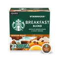 Starbucks Breakfast Blend Medium Roast Keurig K-cup pods box with a single pod shown in front on a white background. Starbucks Breakfast Blend Medium Roast K-Cup Coffee