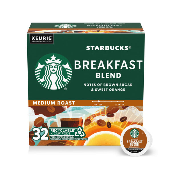 Starbucks Breakfast Blend Medium Roast Keurig K-cup pods box with a single pod shown in front on a white background. Starbucks Breakfast Blend Medium Roast K-Cup Coffee