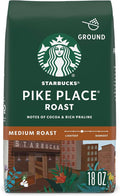 Starbucks Pike Place Roast Medium Roast Ground Coffee, 18 oz bag with 100% Arabica coffee and cocoa-praline tasting notes.