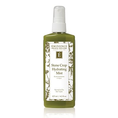 Eminence Organic Skin Care Stone Crop Hydrating Mist facial toner spray in green 4.2 oz bottle for normal to dry skin, hydrating skincare mist on white background