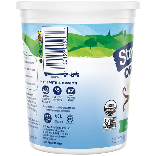 Yogurt container with a label showing certification logos and text on a white background. Stonyfield Organic Lowfat Yogurt Vanilla - 32 oz. USDA Organic, live active cultures, no toxic persistent pesticides, 99% lactose free, Grade A, Certified Gluten Free - 052159005207