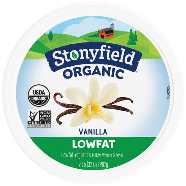 Stonyfield Organic Vanilla Lowfat yogurt container with vanilla flower and landscape design. Stonyfield Organic Lowfat Yogurt Vanilla | USDA Certified Organic,Live Active Cultures, No Toxic Persistent Pesticides, 99% Lactose Free, Grade A, Certified Gluten Free - 32 oz.