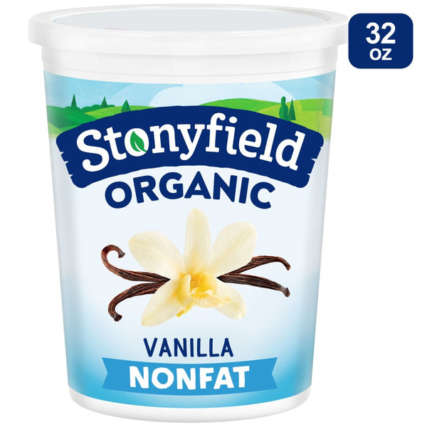 Stonyfield Organic Vanilla Nonfat yogurt container on a white background. Stonyfield Organic Nonfat Yogurt Vanilla | USDA Certified Organic,Live Active Cultures, No Toxic Persistent Pesticides, 99% Lactose Free, Grade A, Certified Gluten Free - 32 oz.