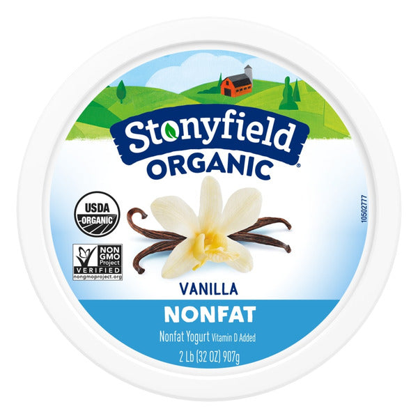 Stonyfield Organic vanilla nonfat yogurt container on a white background. Stonyfield Organic Nonfat Yogurt Vanilla | USDA Certified Organic,Live Active Cultures, No Toxic Persistent Pesticides, 99% Lactose Free, Grade A, Certified Gluten Free - 32 oz.