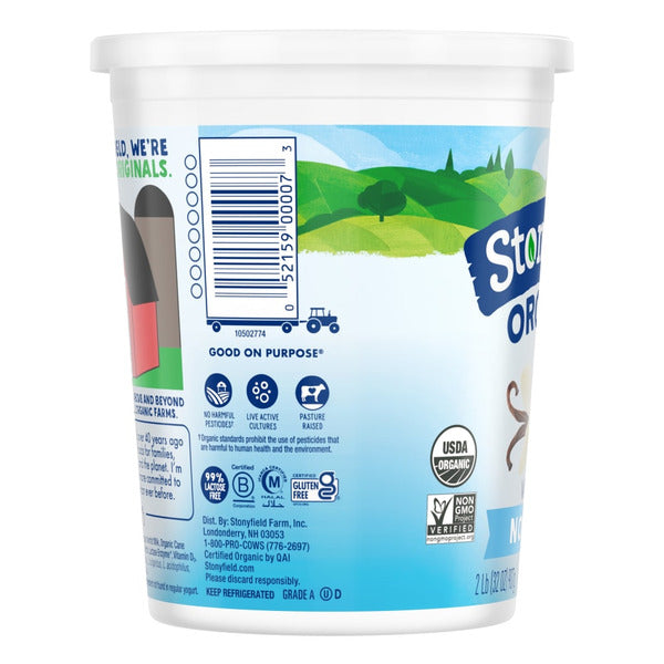 Yogurt container with Stonyfield logo and labels on a white background. Stonyfield Organic Nonfat Yogurt Vanilla | USDA Certified Organic,Live Active Cultures, No Toxic Persistent Pesticides, 99% Lactose Free, Grade A, Certified Gluten Free - 32 oz.