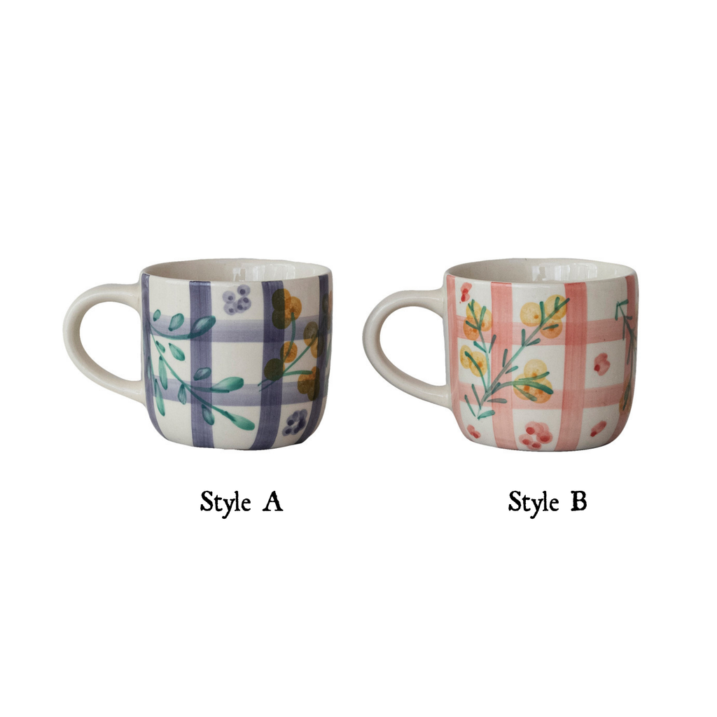 Hand-Painted Grid Botanical Ceramic Mug
