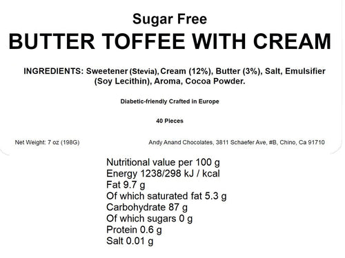 Andy Anand Sugar Free Butter Toffee Hard Candy – Stevia Sweetened, Gluten Free, Diabetic Friendly, 40 Pc 7 Oz, Made in Europe