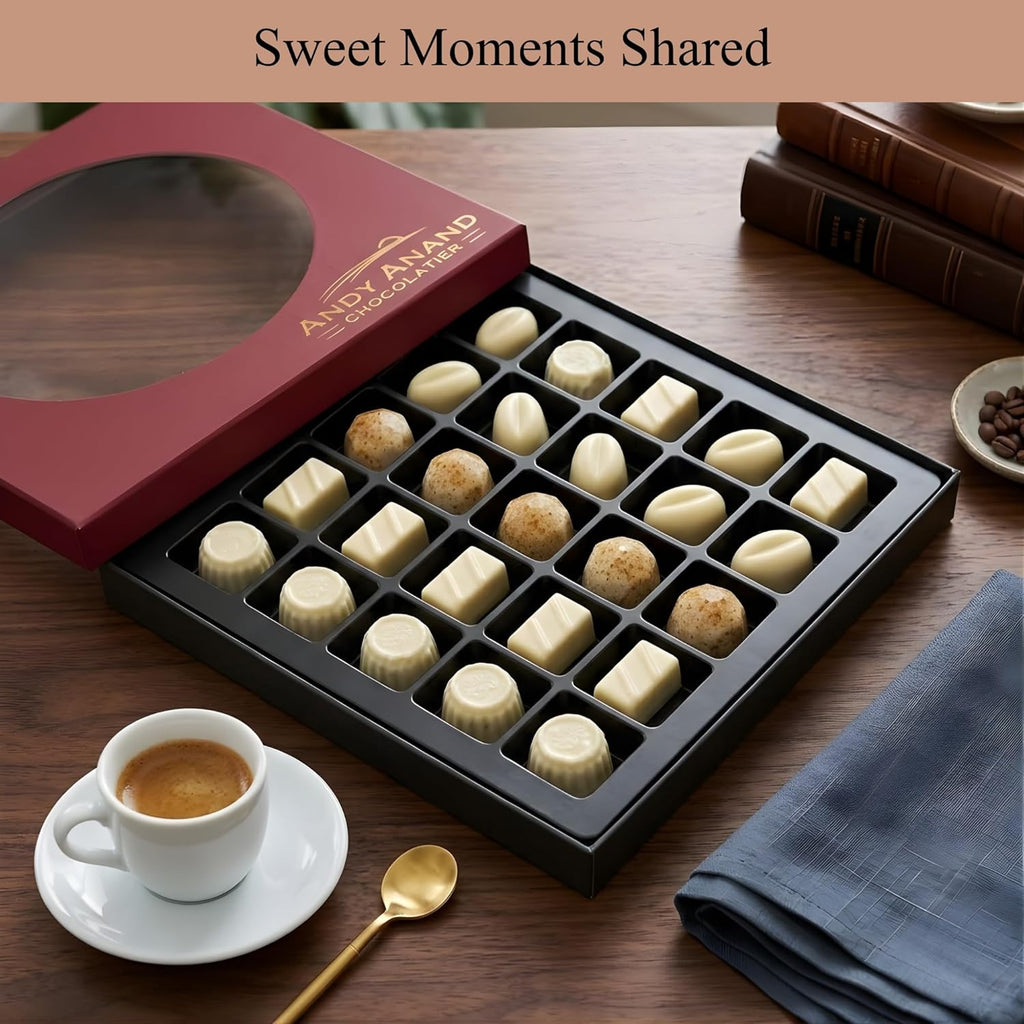 ANDY ANAND CHOCOLATIER Sugar Free Belgian White Chocolate Truffles Pralines 25 pcs (60% Cacao) . Must for White Chocolate lovers, Stevia sweetened, Gourmet Gift Box - Silky, Rich, and Top-Tier Indulgence (10.5 oz, Pack of 1)