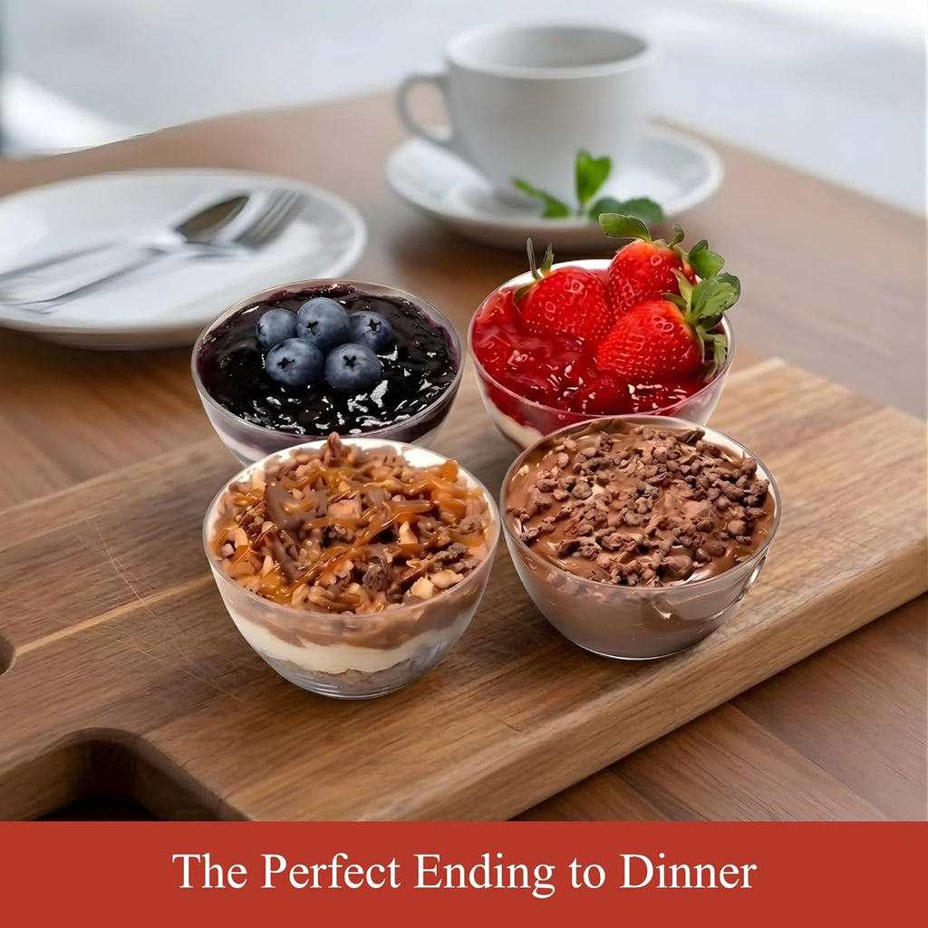 Dessert plates with various desserts on a wooden board, including berries and chocolate mousse.