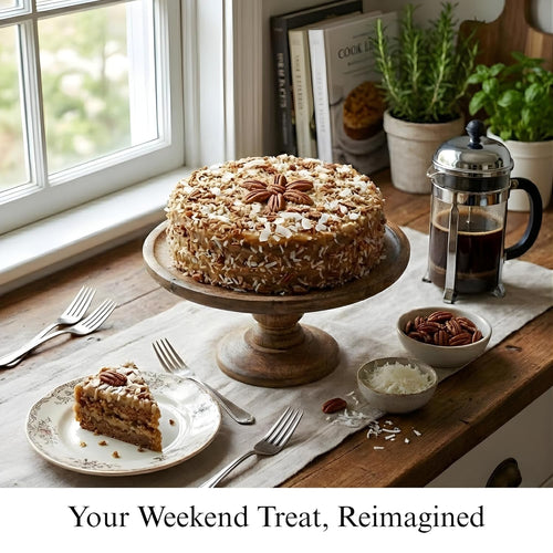 Wooden cake stand with a cake on a table next to a window, with 'Your Weekend Treat, Reimagined' text.