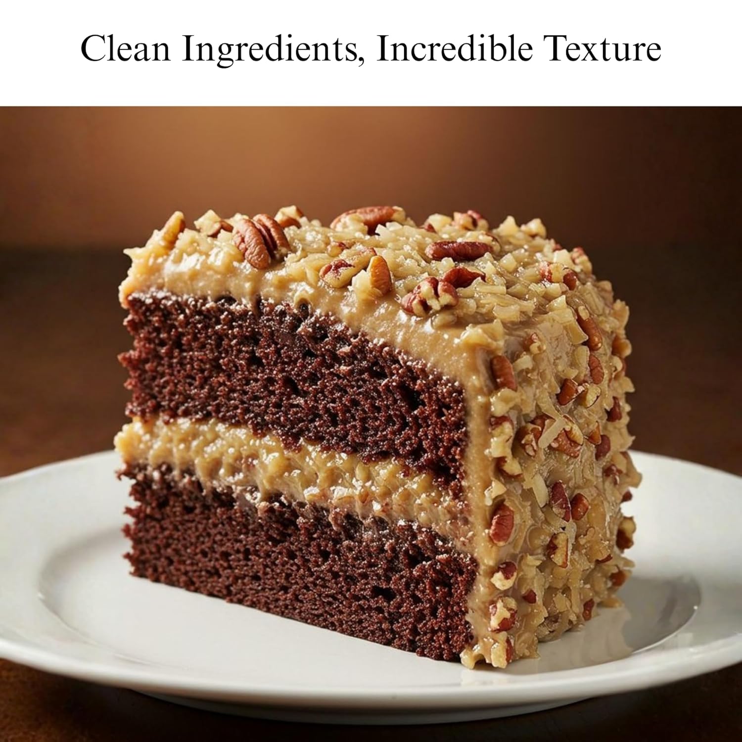 Slice of layered cake with chocolate and pecans on a white plate.