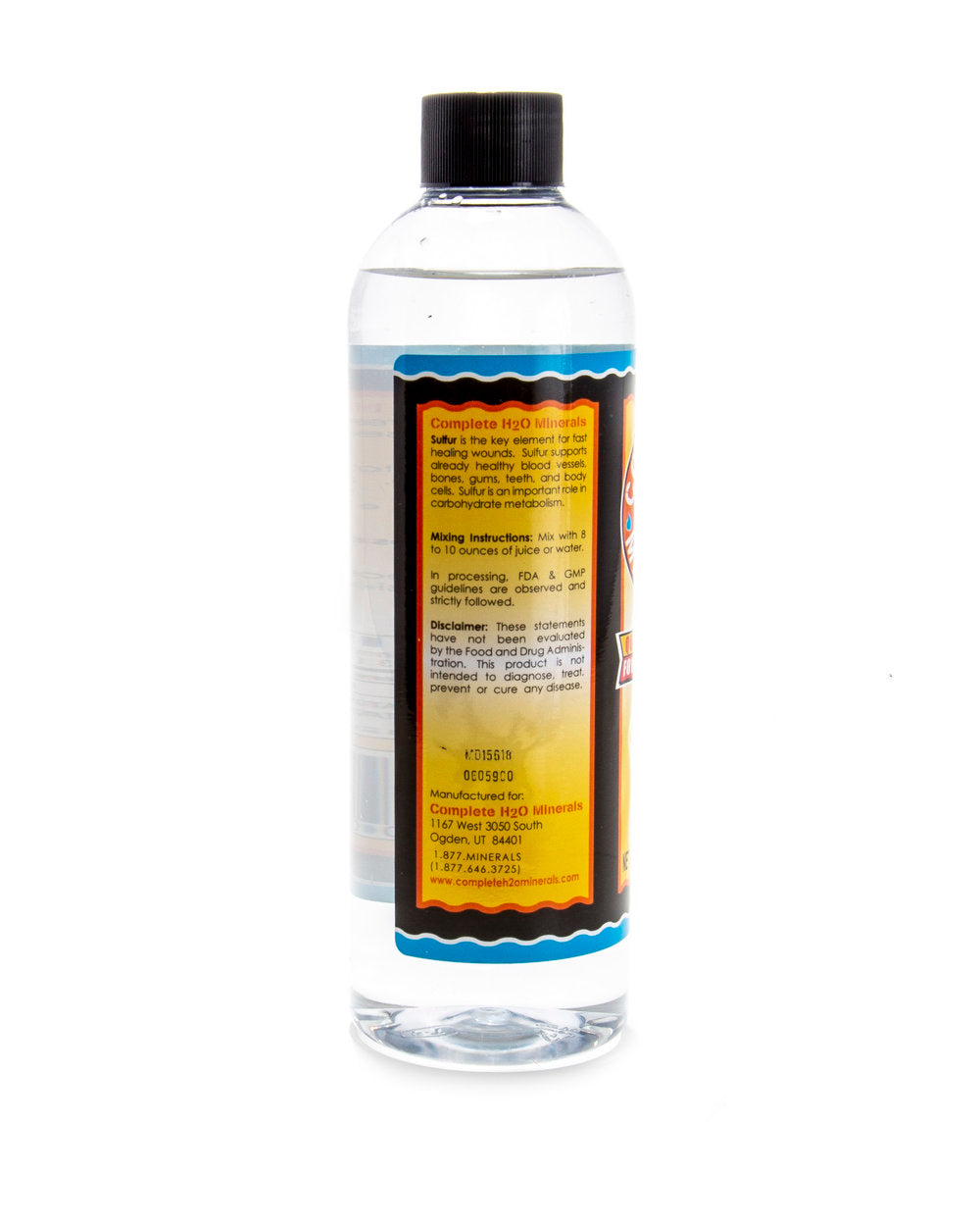 Clear bottle with a black cap and colorful label on a white background