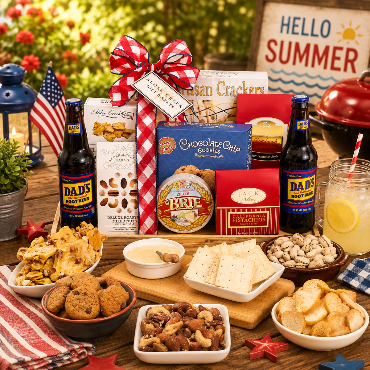 Summer Celebrations Charcuterie Cutting Board Gift Set with Dad's Root Beer, gourmet crackers, cookies, brie cheese, pistachios, mixed nuts and summer snacks