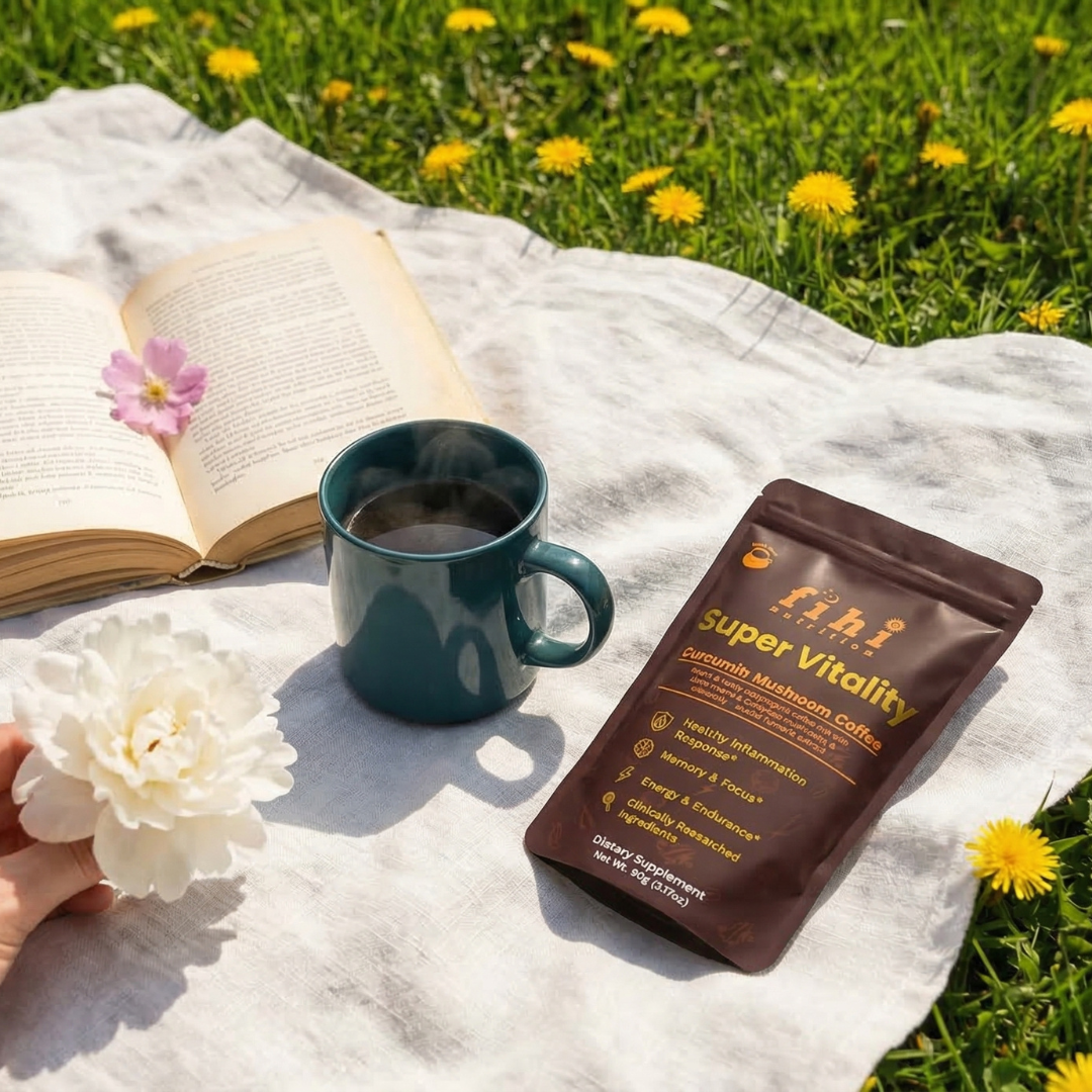 Super Vitality - Curcumin Mushroom Coffee paced on a blanket in the grass