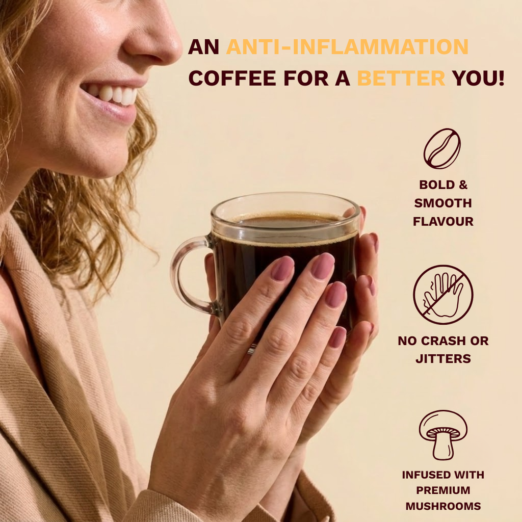 An anti-inflammation coffee with bold and smooth flavour. No crash or jitters and infused with premium mushrooms