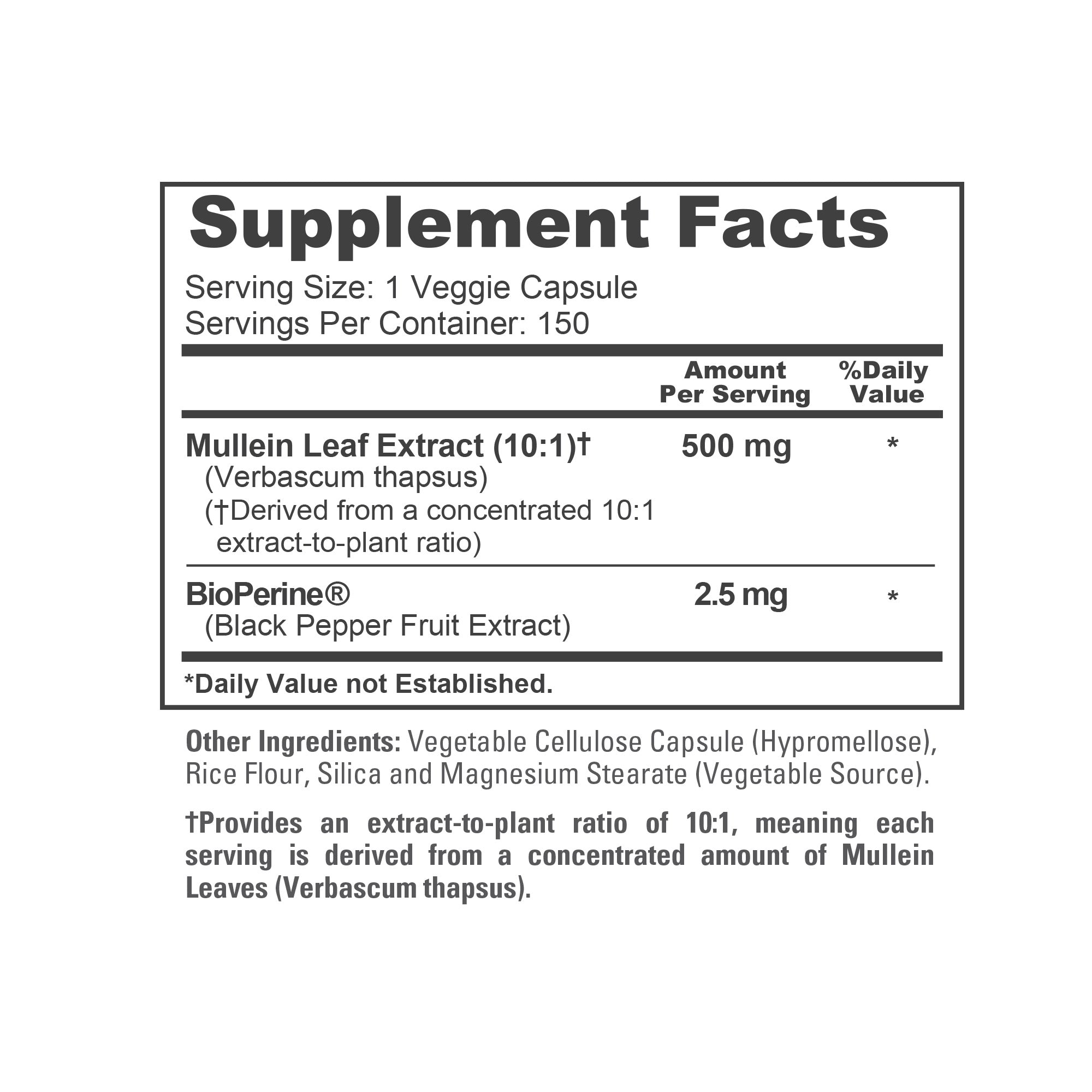 NusaPure Mullein Leaf Capsules 10:1 Extract, 500 mg per Veggie Caps - 150 Count - Verbascum Thapsus (Non-GMO, Vegan) Dietary Supplement