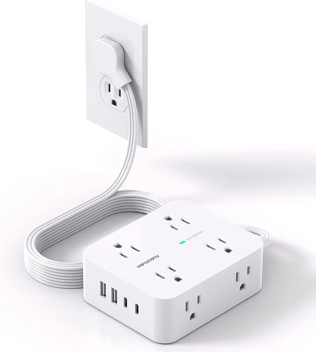 White power strip with multiple outlets and USB ports plugged into a wall socket on a white background. Surge Protector Power Strip with 8 Outlets and 4 USB Ports, Ultra Thin Flat Plug for Home Office Dorm Essentials