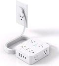 White power strip with multiple outlets and USB ports plugged into a wall socket on a white background. Surge Protector Power Strip with 8 Outlets and 4 USB Ports, Ultra Thin Flat Plug for Home Office Dorm Essentials