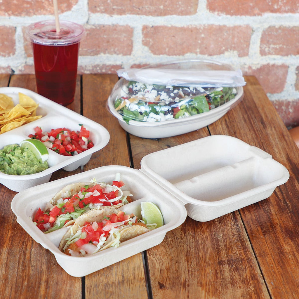 World Centric 8 x 5 x 3 in Fiber Taco Box 2-Compartment Compostable Takeout Container (QTY 300), SKU TO-SC-T2-LFS