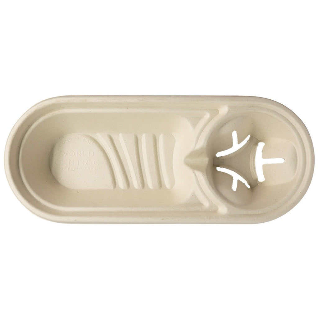 World Centric 13 x 5 in Fiber Serving Tray with Cup Holder, Compostable No PFAS (QTY 300), SKU TR-FB-1305CC-LFS