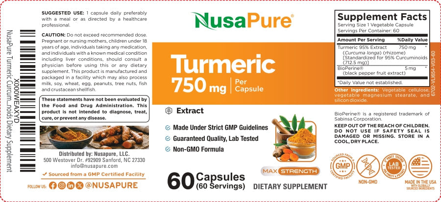 NusaPure Turmeric 750 mg dietary supplement packaging, featuring a white and orange label with a barcode, supplement facts panel, and illustrations of turmeric root and a green leaf.