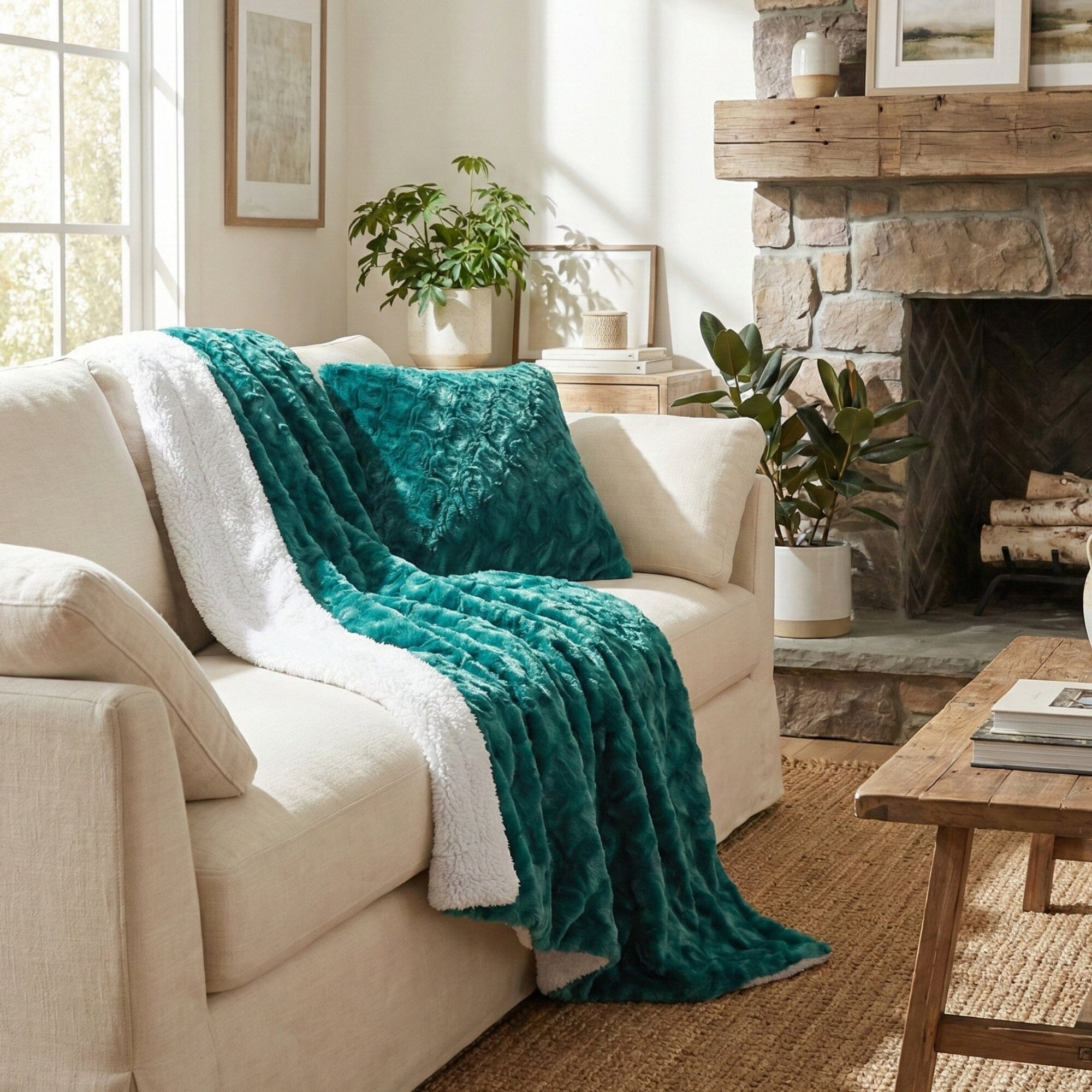 DaDa Bedding Emerald Green Blue Faux Fur Sherpa Throw Blanket