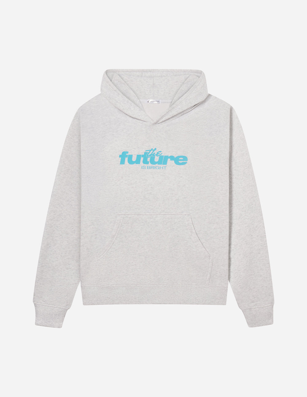 Gray hoodie with 'the future is female' text on a white background