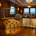 Luxury display of the Limited Edition 24K Gold Bullion Dubai Chocolate Set featuring premium gold bullion-style chocolate bars in an elegant glass presentation case with commemorative display sign by The Sweet Tooth.
