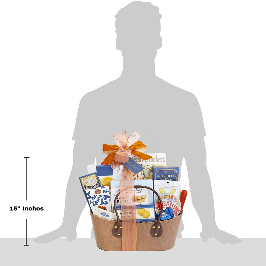 Gift basket with food items shown next to a silhouette of a person for size reference.