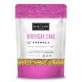 Safe + Fair Birthday Cake Granola, gluten free vegan granola with ancient grains, nut free breakfast cereal, allergy friendly granola, colorful birthday cake flavored crunchy oats, healthy snack, dairy free granola, soy free breakfast, non GMO granola, wholesome cereal, high quality granola pouch, breakfast topping for yogurt and smoothie bowls, family friendly snack, festive sprinkle granola, plant based breakfast food, crunchy granola clusters, clean ingredient granola, pantry staple breakfast cereal.