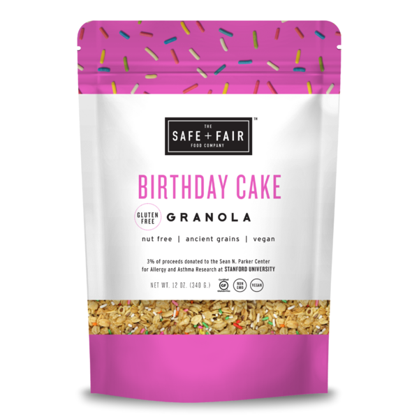Safe + Fair Birthday Cake Granola, gluten free vegan granola with ancient grains, nut free breakfast cereal, allergy friendly granola, colorful birthday cake flavored crunchy oats, healthy snack, dairy free granola, soy free breakfast, non GMO granola, wholesome cereal, high quality granola pouch, breakfast topping for yogurt and smoothie bowls, family friendly snack, festive sprinkle granola, plant based breakfast food, crunchy granola clusters, clean ingredient granola, pantry staple breakfast cereal.
