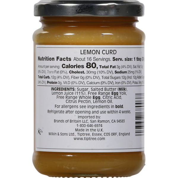 Jar of Tiptree Lemon Curd showing the Nutrition Facts panel on the back label. Traditional English lemon curd spread by Wilkin & Sons Limited, 11 oz jar on a white background.