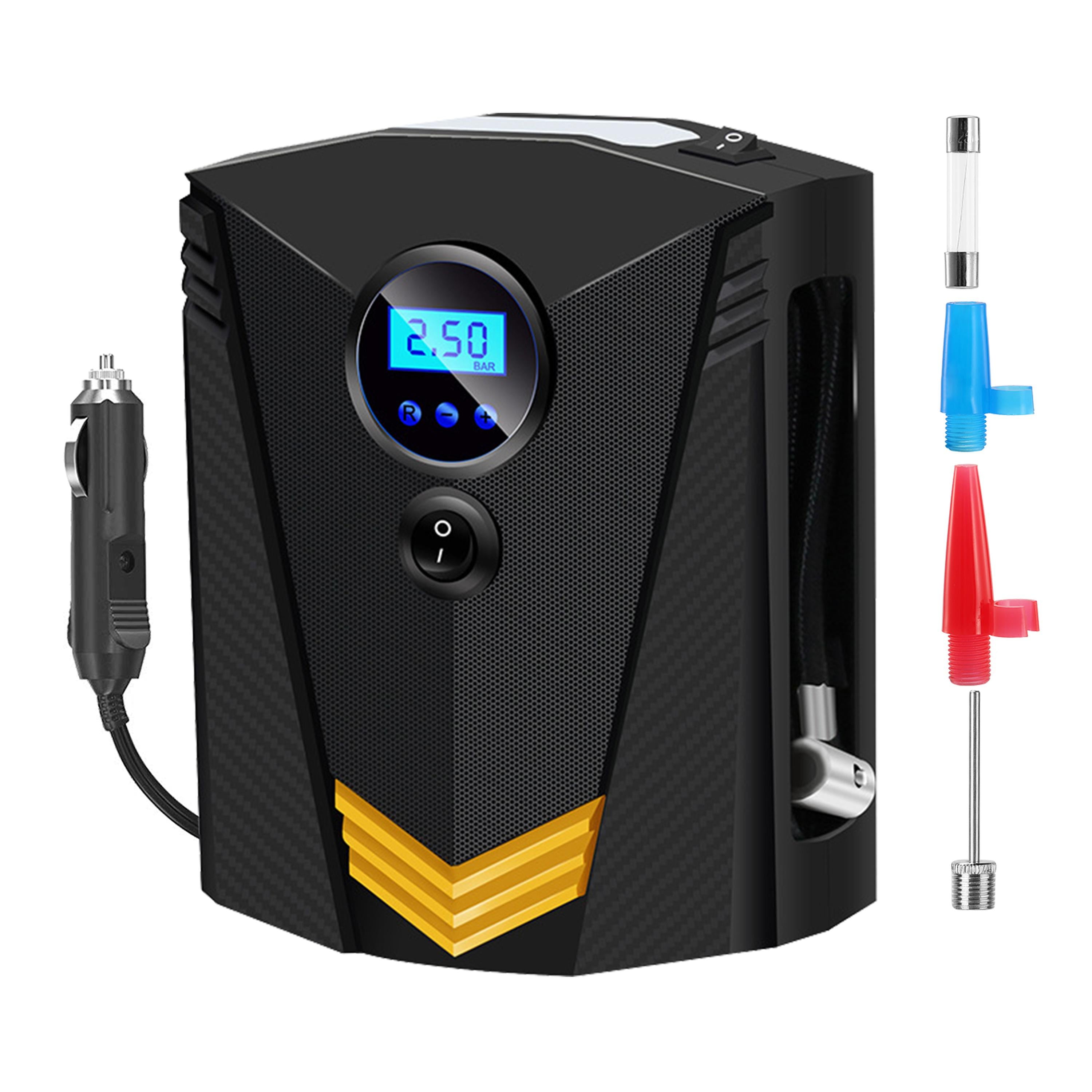 12V DC 150 PSI digital tire inflator air compressor with LCD display, portable car tire pump, power cord and inflation nozzle attachments. Tire Inflator 12V DC 100W 150PSI Digital Tire Pump w/LCD Display Electric Air Compressor Pump 20L/Min Air Flow
