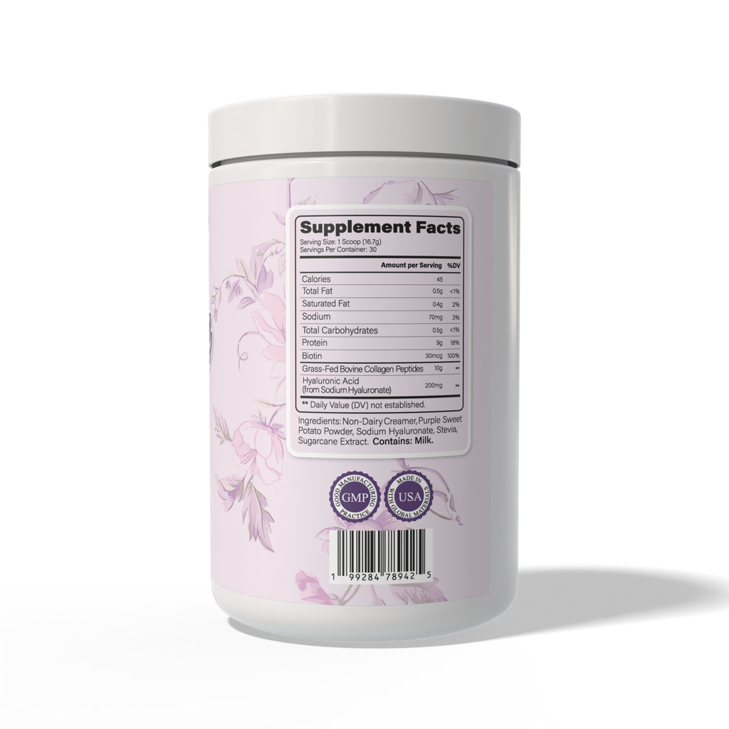 Supplement container with a supplemental Facts label on a white background. To: U-Bae Collagen Powder Supplement. Supercharged with Biotin and Hyaluronic Acid. Supports healthy hair, skin, nails, and joints. 10g of Collagen Peptides. 