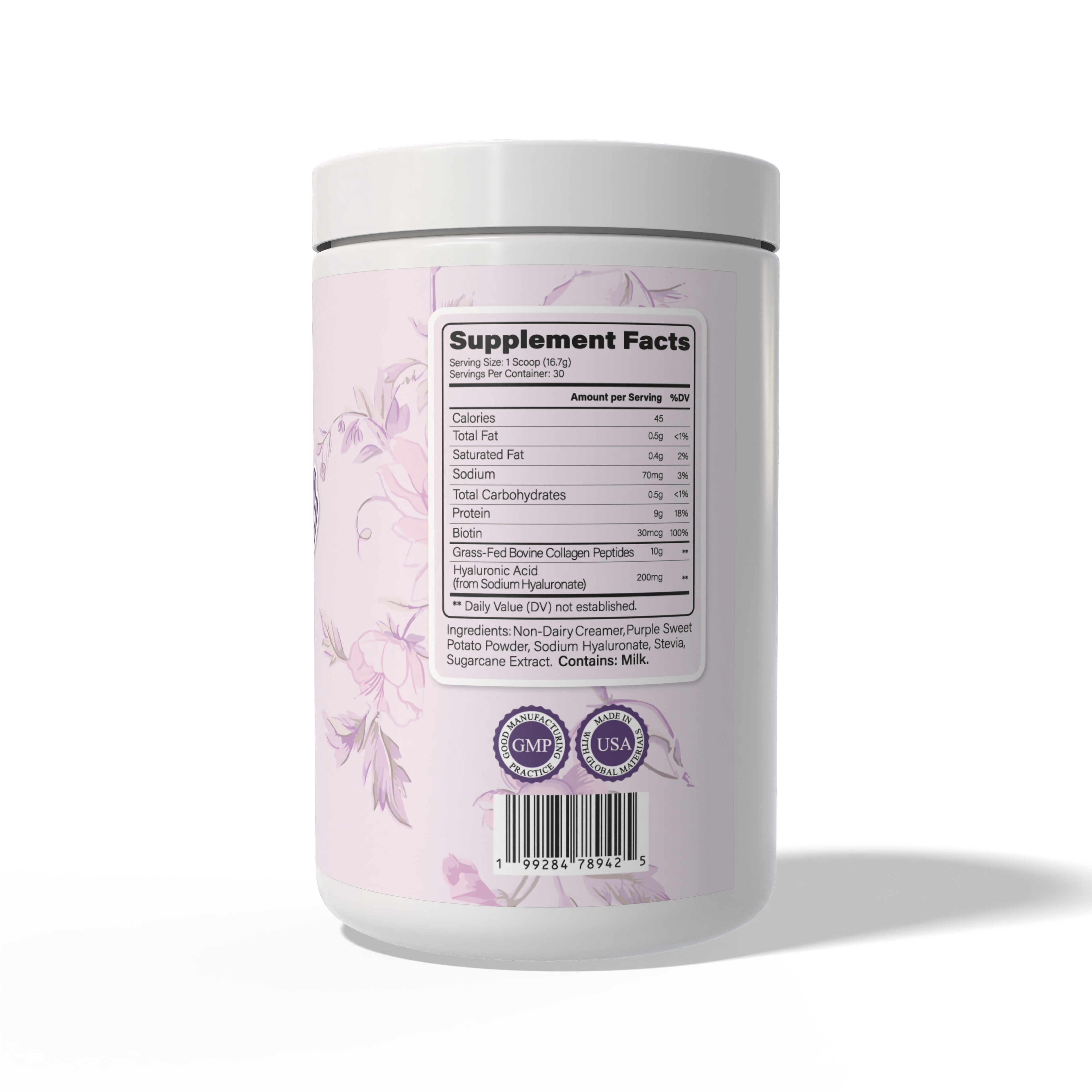 Supplement container with a supplemental Facts label on a white background. To: U-Bae Collagen Powder Supplement. Supercharged with Biotin and Hyaluronic Acid. Supports healthy hair, skin, nails, and joints. 10g of Collagen Peptides. 