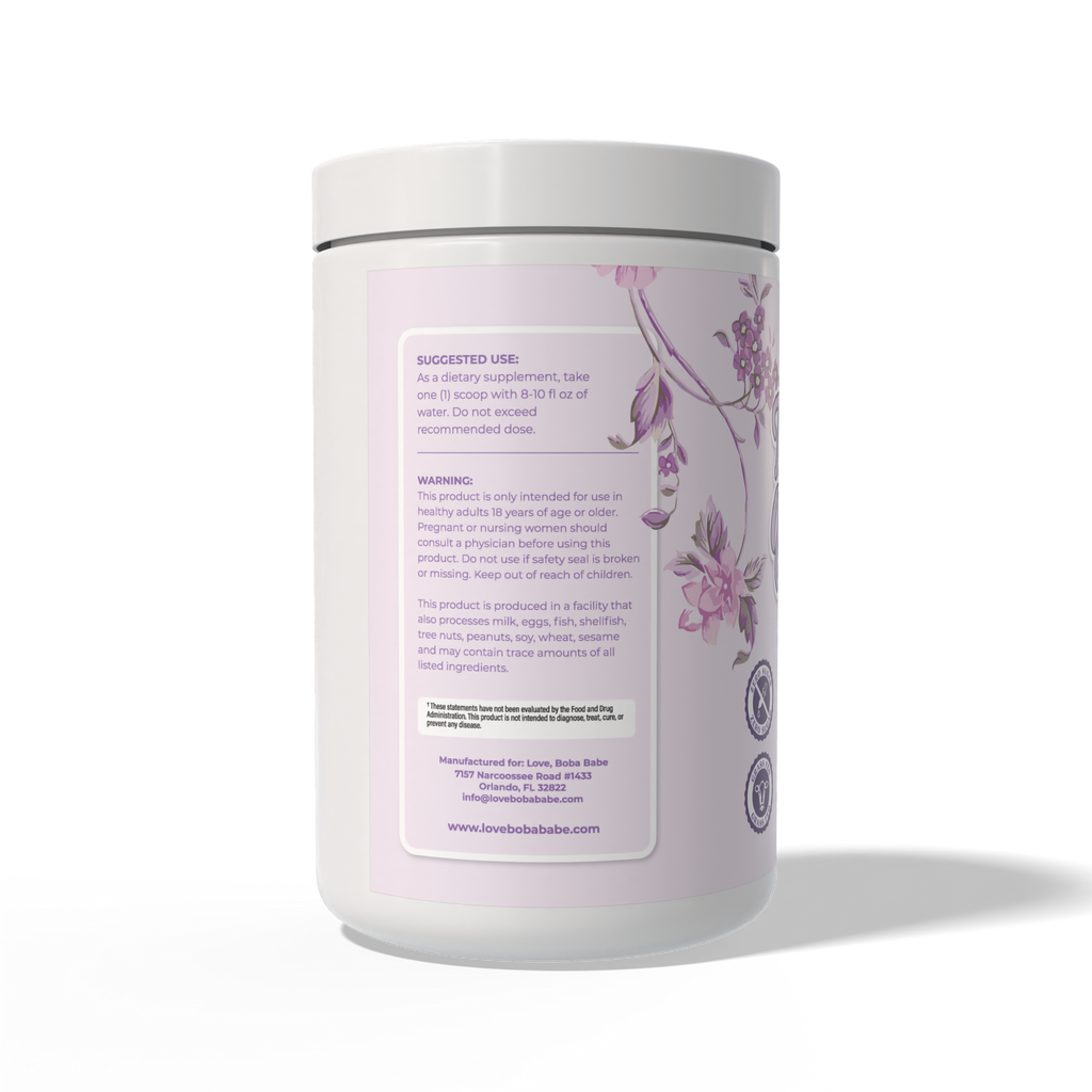 Supplement container with floral design and text on a white background.