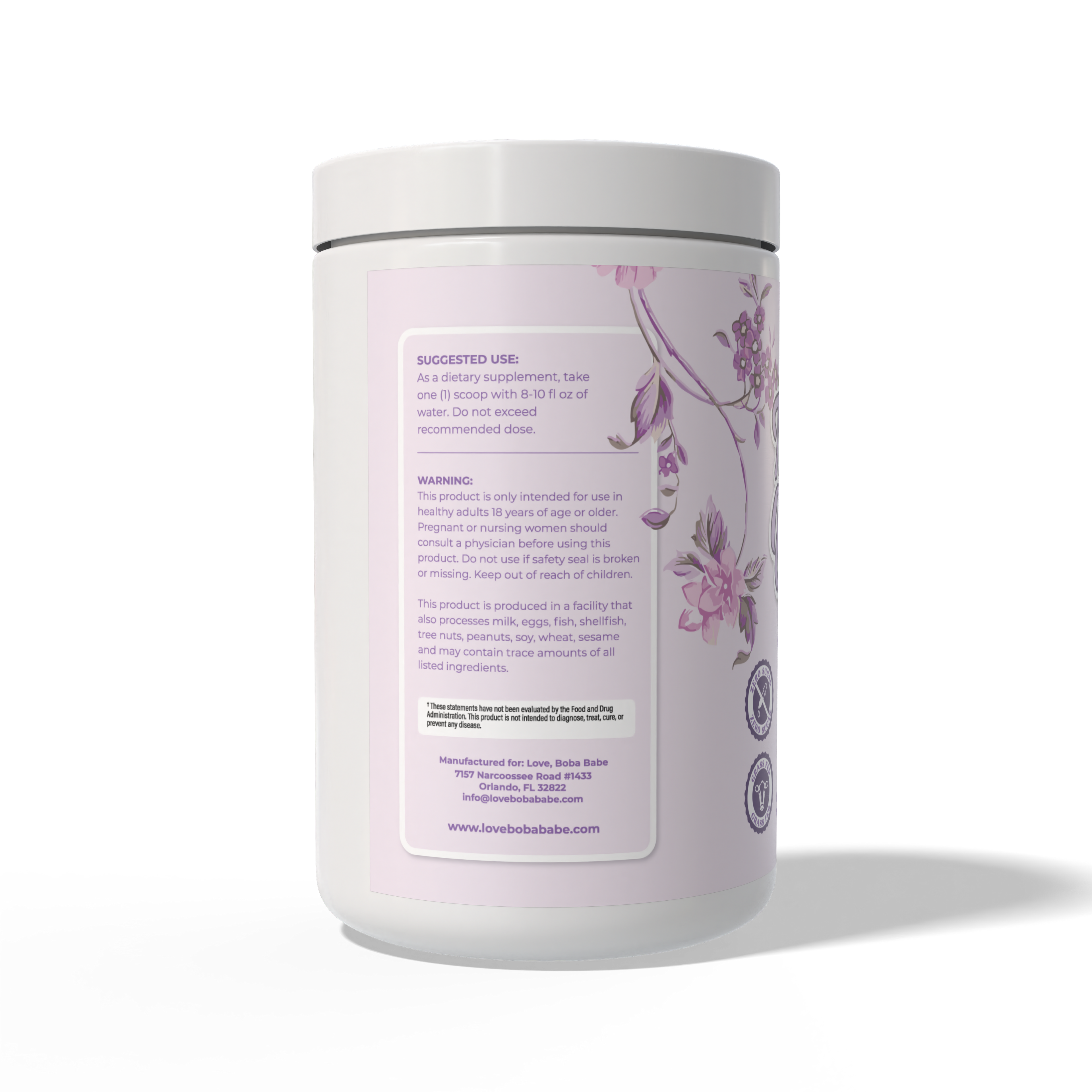 Supplement container with floral design and text on a white background.