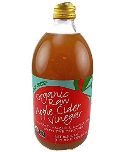Trader Joe’s Organic Raw Apple Cider Vinegar with Mother, Unpasteurized and Unfiltered, 16.9 fl oz bottle, organic apple cider vinegar with natural mother, unfiltered raw ACV for cooking, baking, dressings, marinades, beverages and wellness routines
