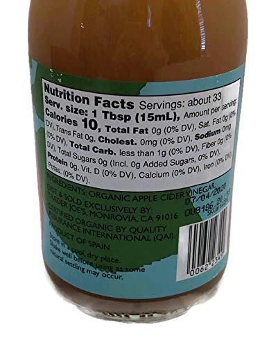 Trader Joe’s Organic Raw Apple Cider Vinegar with Mother, Unpasteurized and Unfiltered, 16.9 fl oz bottle, organic apple cider vinegar with natural mother, raw unfiltered ACV for cooking, baking, dressings, marinades, beverages and wellness routines